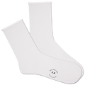White socks with a smiley face and text on a white background