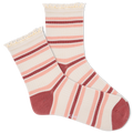 A pair of K.Bell women's ankle socks with crochet lace detail and striped pattern in pink and white colors.
