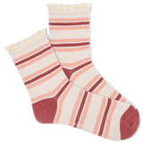 A pair of K.Bell women's ankle socks with crochet lace detail and striped pattern in pink and white colors.