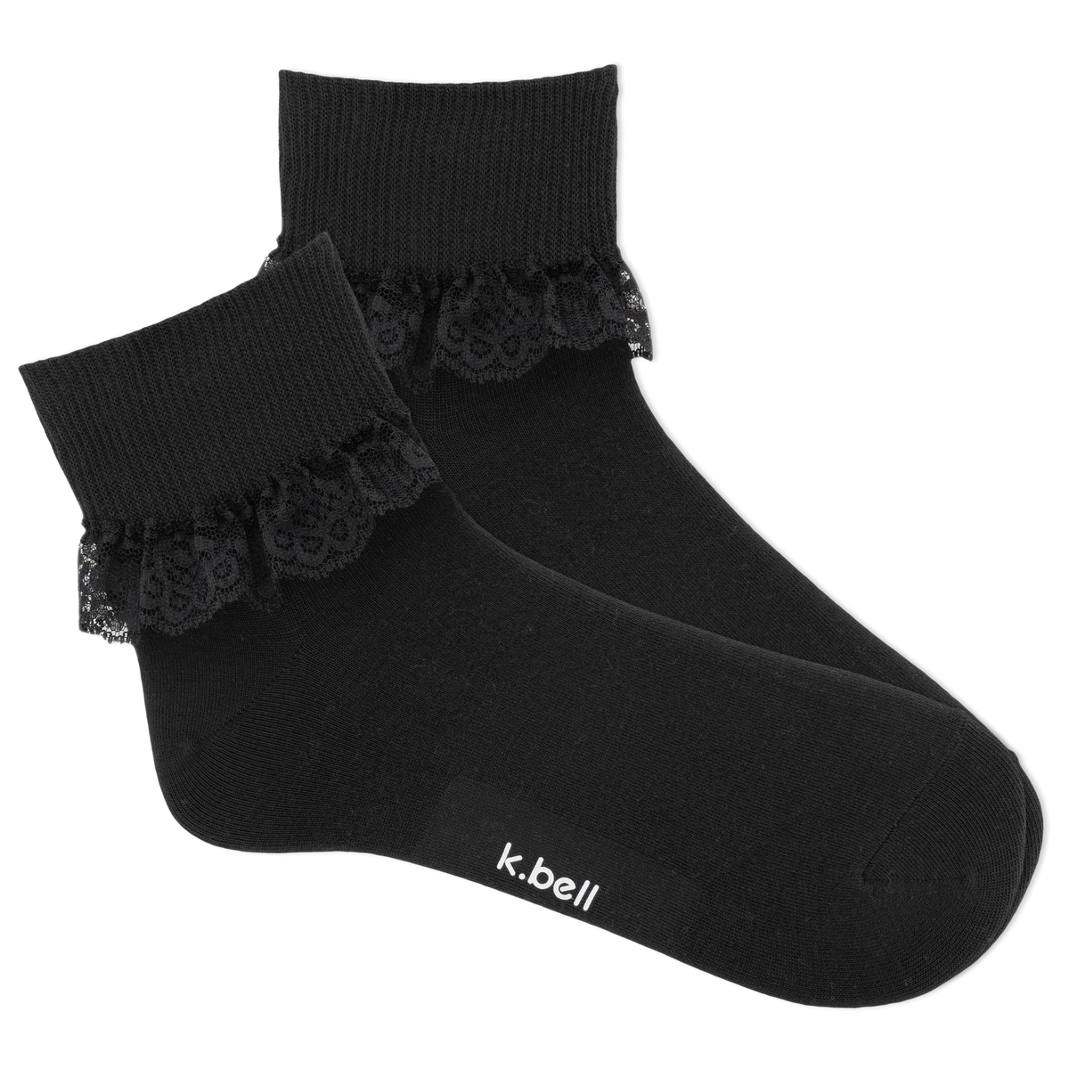 Black socks with lace trim on a white background, featuring the brand 'k.bell'.