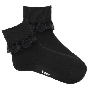 Black socks with lace trim on a white background, featuring the brand 'k.bell'.