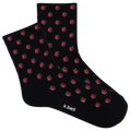 Black socks with red strawberry pattern and 'k.bell' branding on a white background