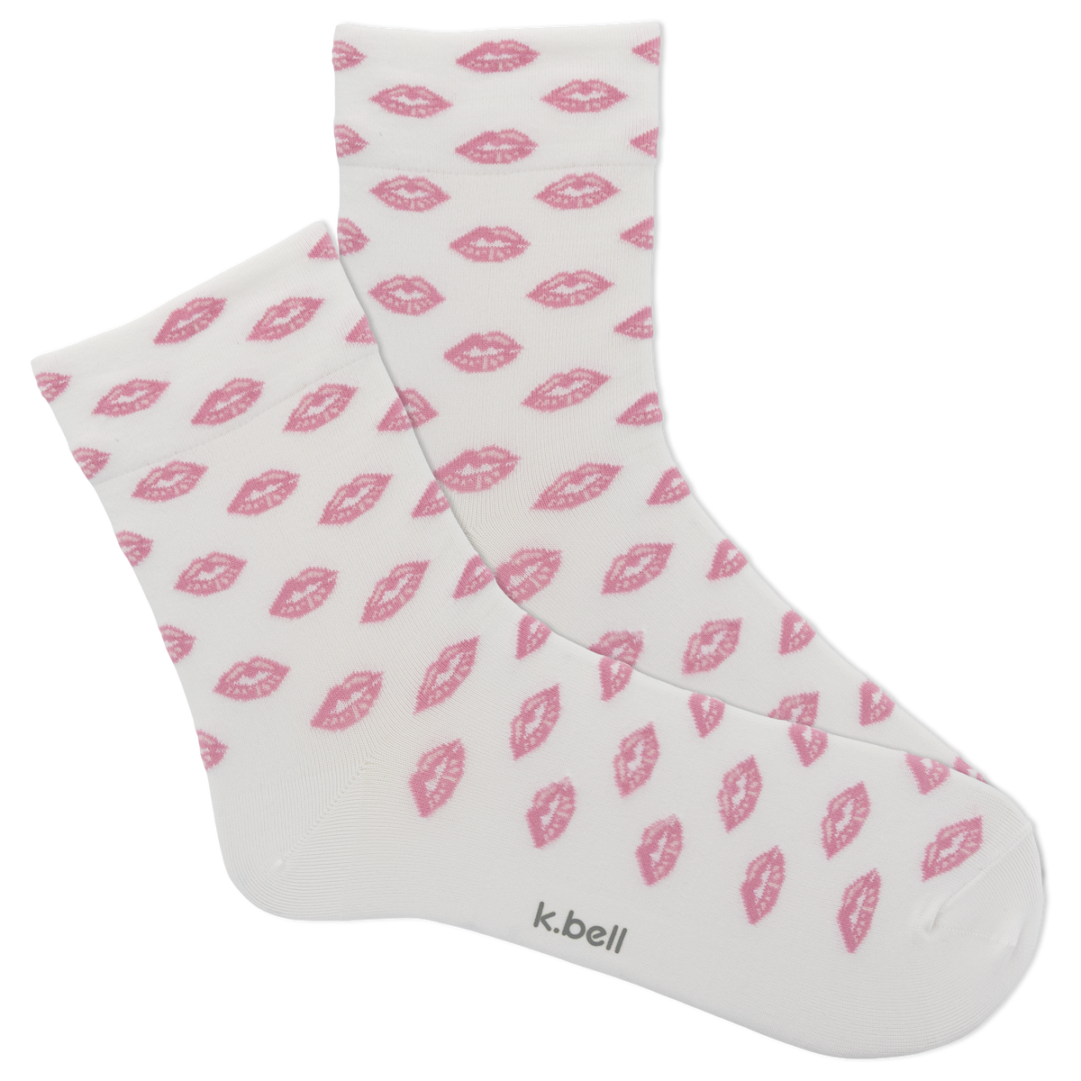 White socks with pink lip prints and 'k.bell' branding on a white background
