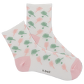 Pair of socks with a pattern of green and pink shapes on a white background, featuring the brand 'k.bell'.