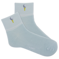 Light blue socks with embroidered designs on a white background