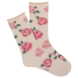 Pink-ish beige socks with pink rose pattern on a white background