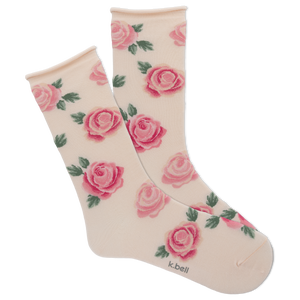 Pink-ish beige socks with pink rose pattern on a white background