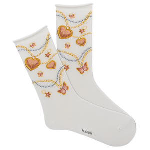 White socks with heart and chain design on a white background, featuring the brand 'k.bell'.