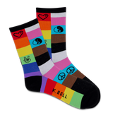 A pair of multicolored women's crew socks with various symbols and the brand name 'K.Bell' on the ankle area.