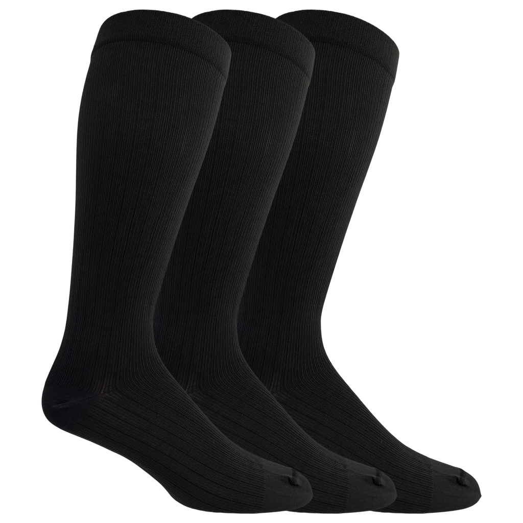 Three black knee-high socks on a white background