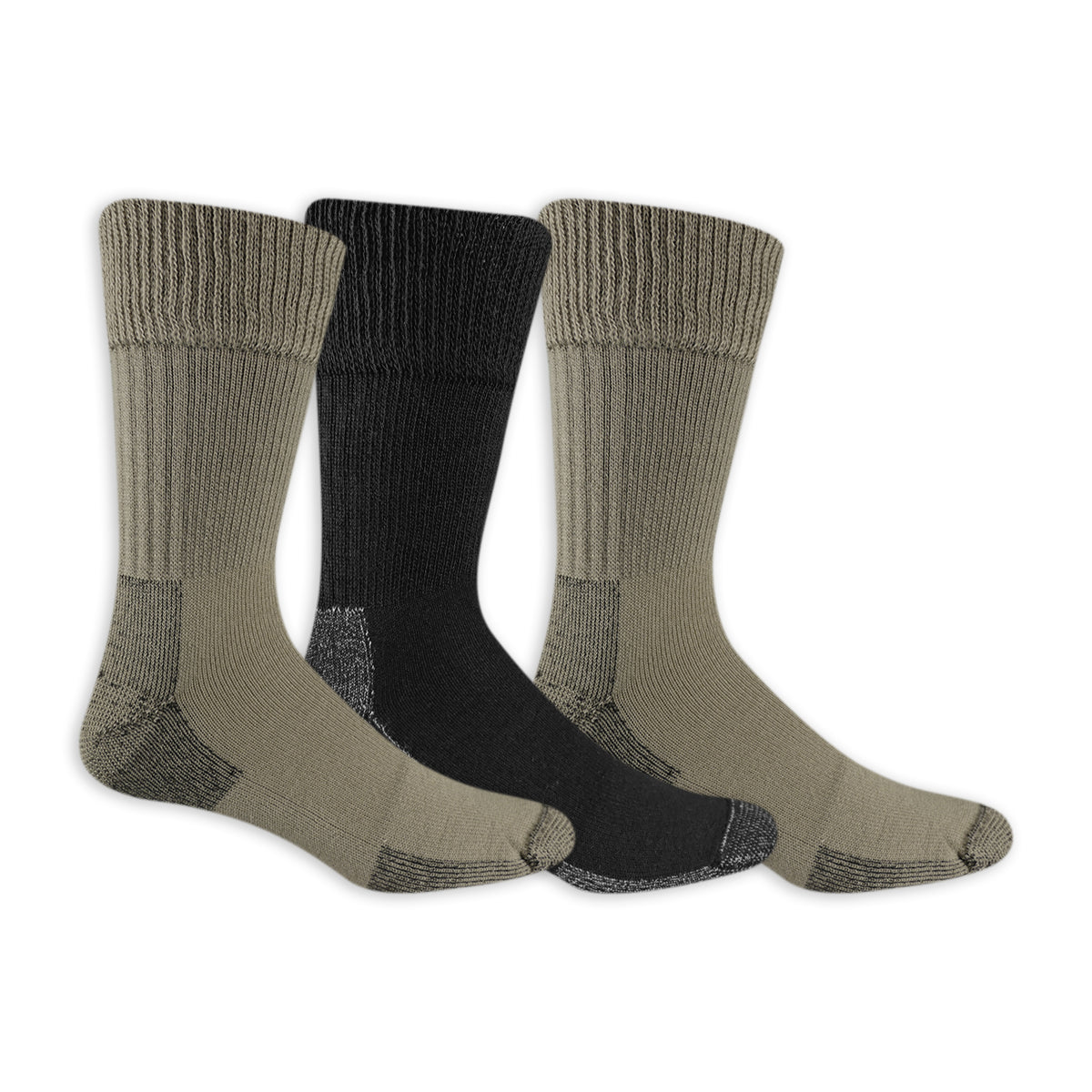 Three pairs of socks in beige, black, and brown on a white background