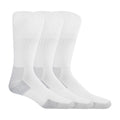 Three pairs of white men's crew socks with visible reinforced heel and toe areas, and non-binding tops.