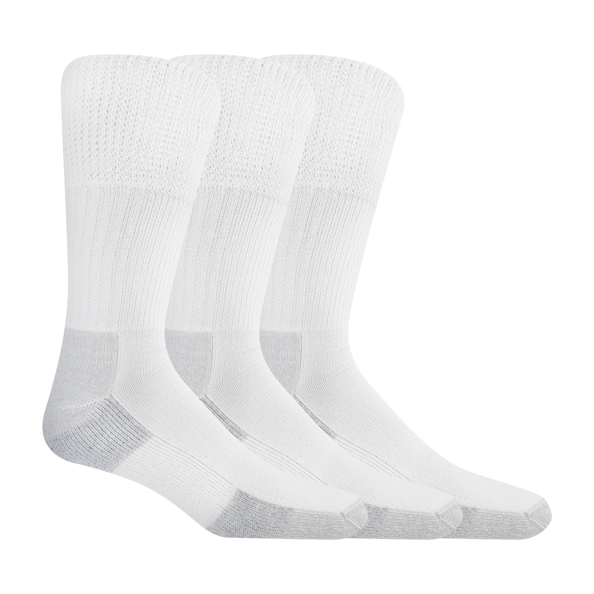 Three pairs of white men's crew socks with visible reinforced heel and toe areas, and non-binding tops.