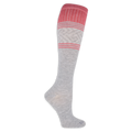 Gray knee-high compression sock with pink stripes on a white background