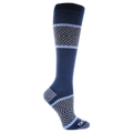 Blue knee-high compression sock with patterned design on a white background