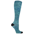 Teal knee-high compression sock with black toe and heel on a white background