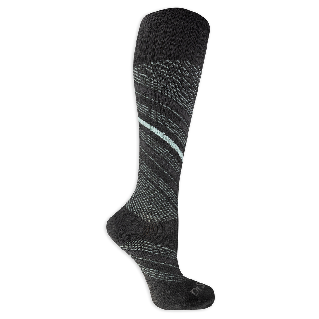 Dr. Scholl's women's black compression socks featuring an abstract white striped pattern.