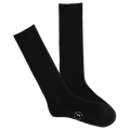 A pair of black ribbed crew socks with a visible K.Bell brand logo on the sole.
