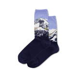 Navy and light purple socks with Hokusai's The Wave design on a white background thumbnail