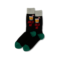 Black socks with red text and candy cane designs on a white background