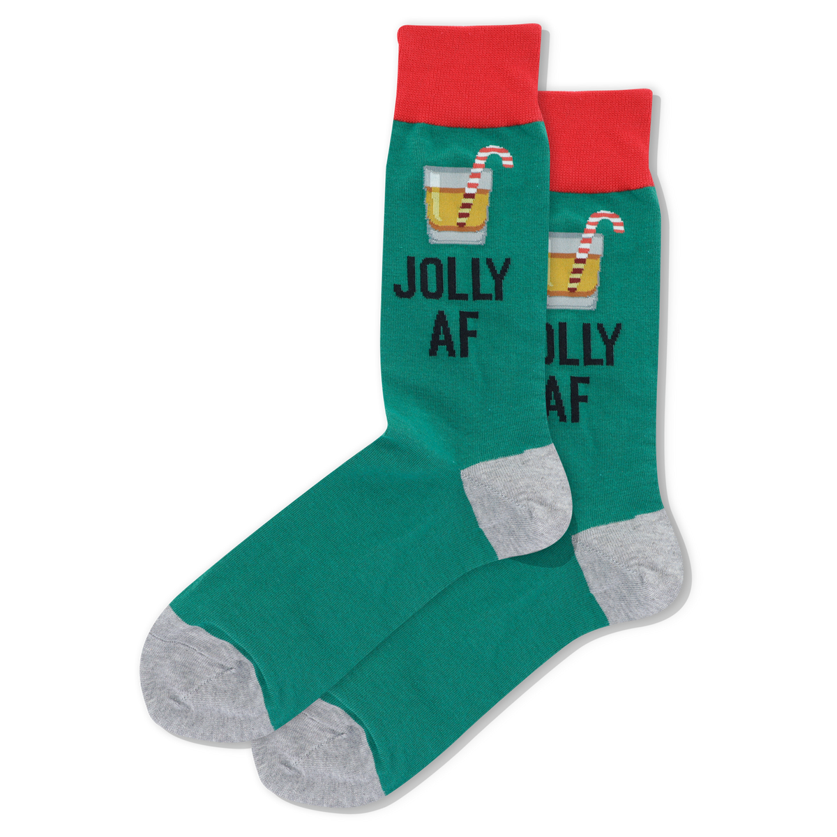 Green socks with red cuffs and gray toes, featuring a Christmas-themed design and text on a white background.