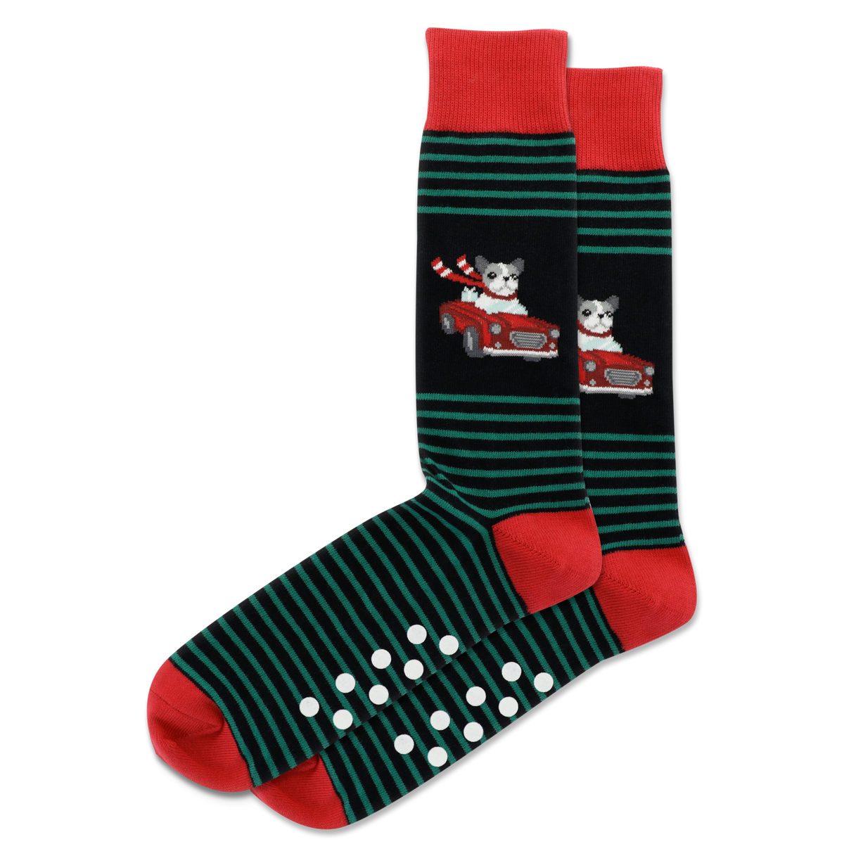 Striped socks with cartoon dogs in a car design on a white background