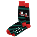 Striped socks with cartoon dogs in a car design on a white background