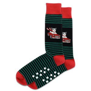 Striped socks with cartoon dogs in a car design on a white background