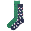 Two pairs of socks, one green with polka dots and the other navy with polar bear patterns, on a white background.
