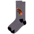 Gray sock with a Christmas-themed design featuring a figure and presents on a white background