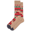 Beige sock with red truck and green tree pattern on a white background