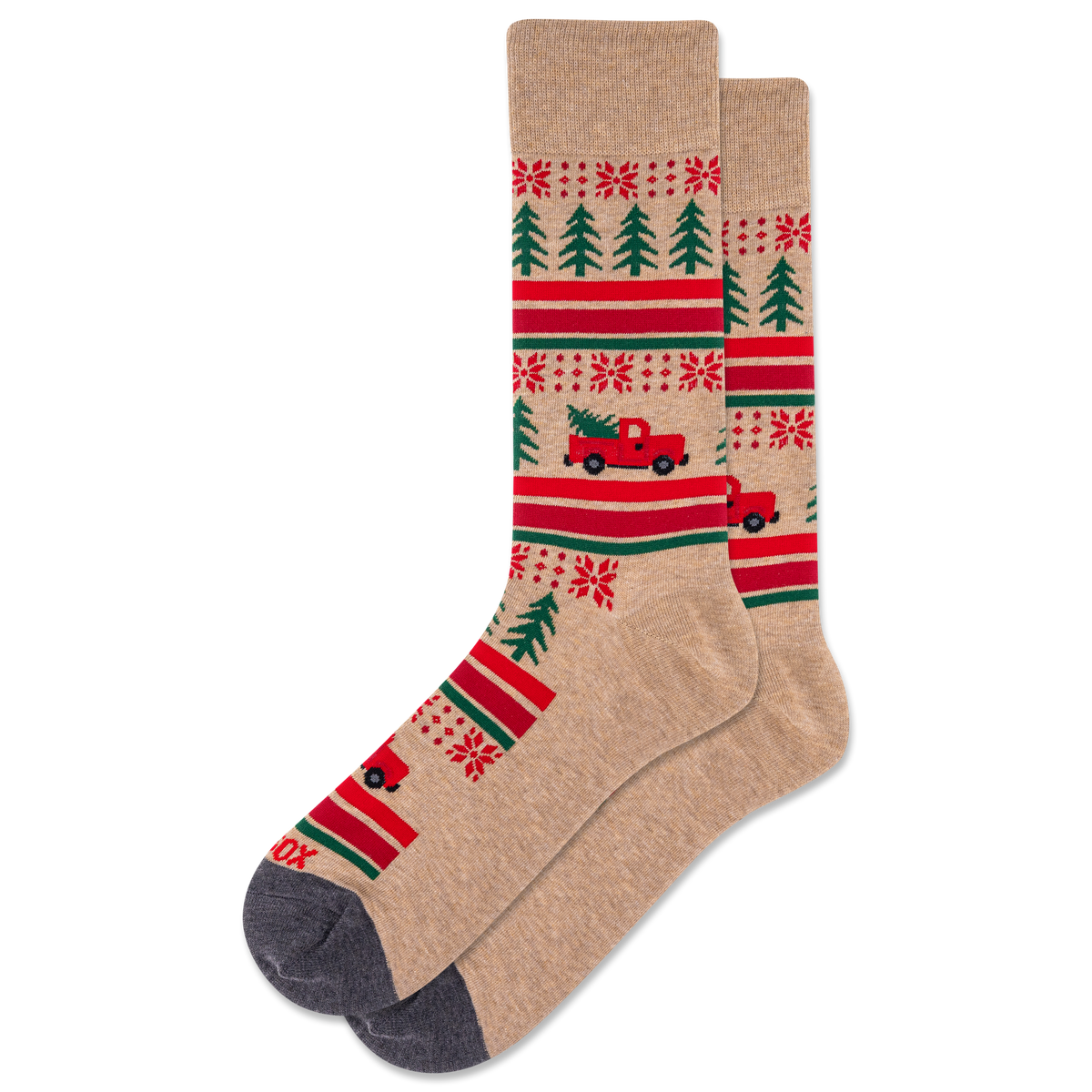 Beige sock with red truck and green tree pattern on a white background