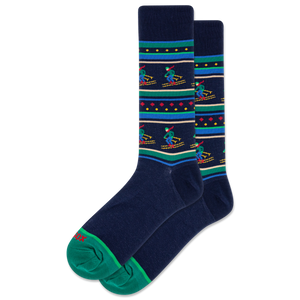 Navy blue socks with colorful patterns on a white background