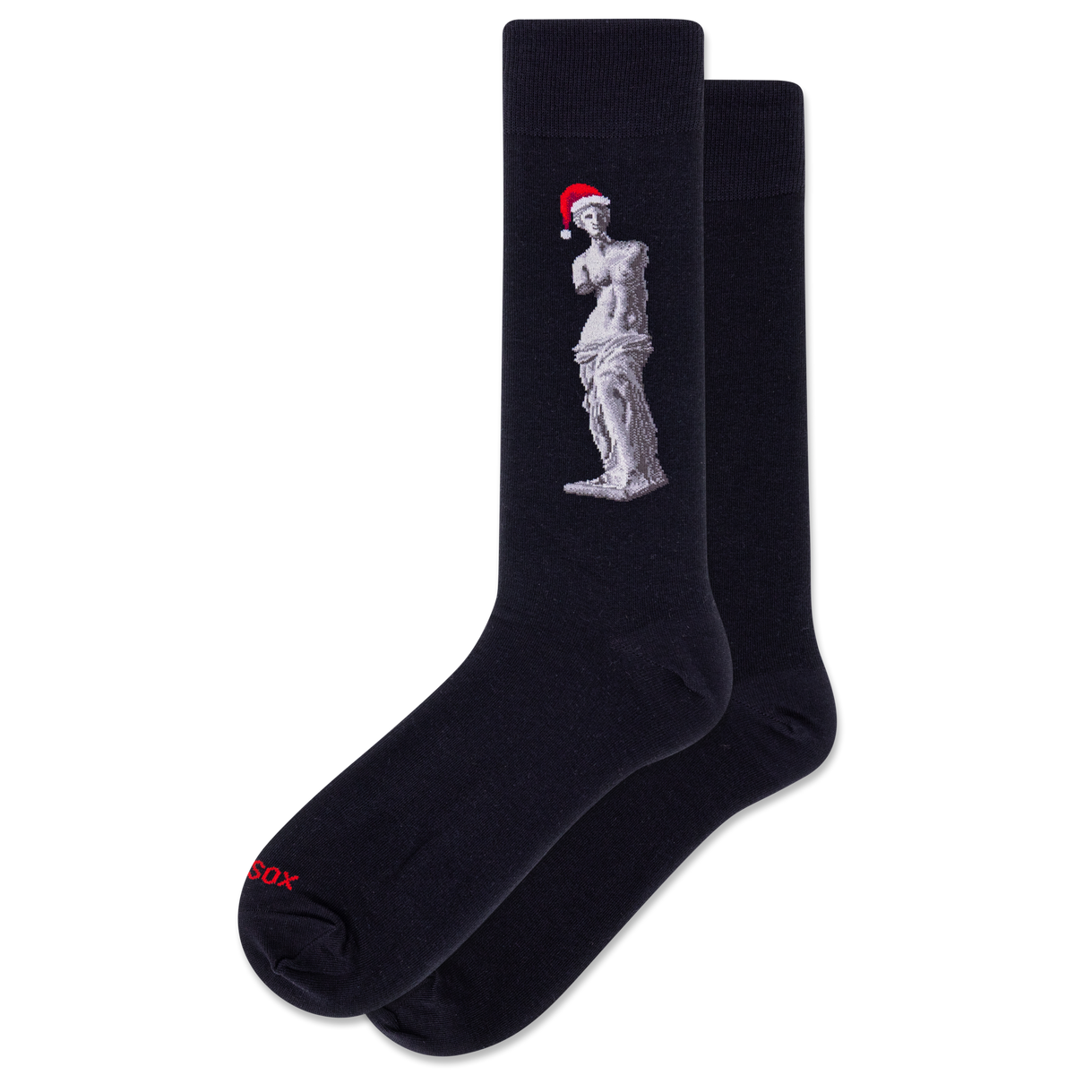Black socks with a statue and Santa hat design on a white background