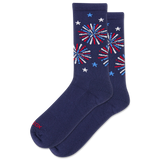 Navy socks with red, white, and blue fireworks design on a white background