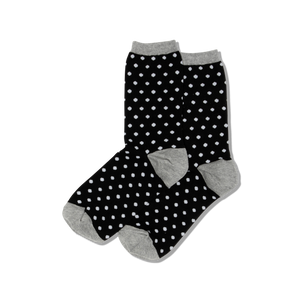 HOTSOX women's black and white polka dot socks with gray accents at the top cuff, heel and toe.