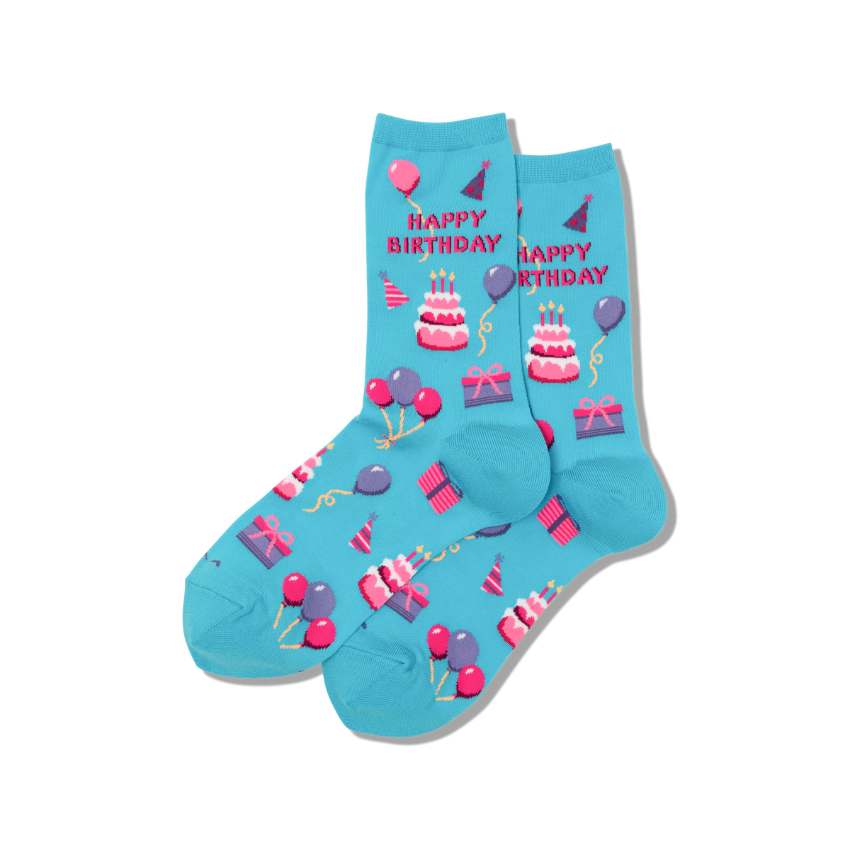 Blue socks with birthday-themed designs on a white background