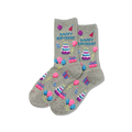 Gray socks with birthday-themed designs on a white background