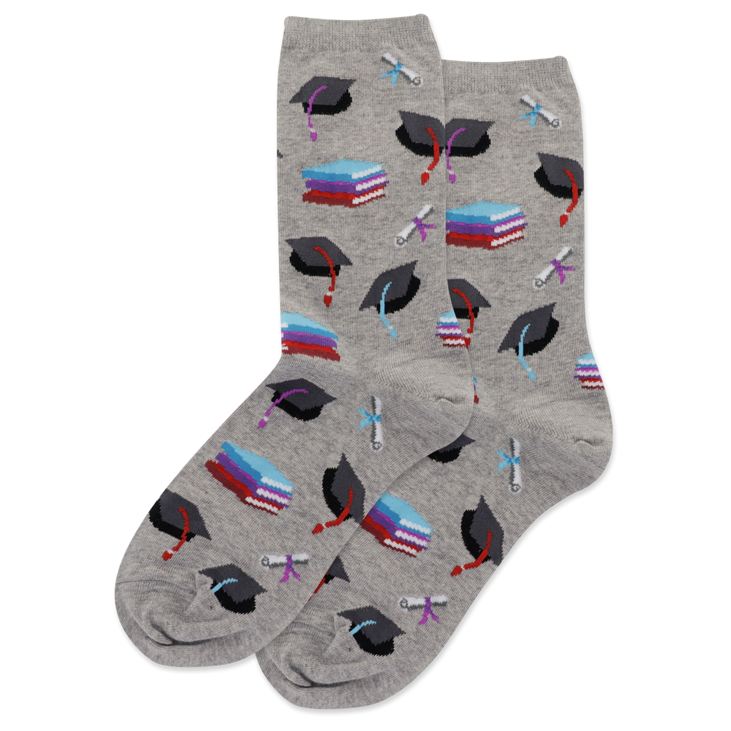 Gray socks with graduation-themed design on a white background