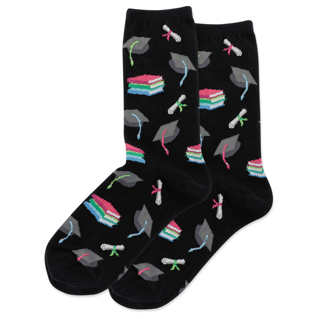Black socks with graduation cap and diploma pattern on a white background