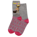 A pair of blue crew socks with a festive design featuring a chihuahua wearing a sombrero and the text 'LET'S FIESTA' on the cuff.