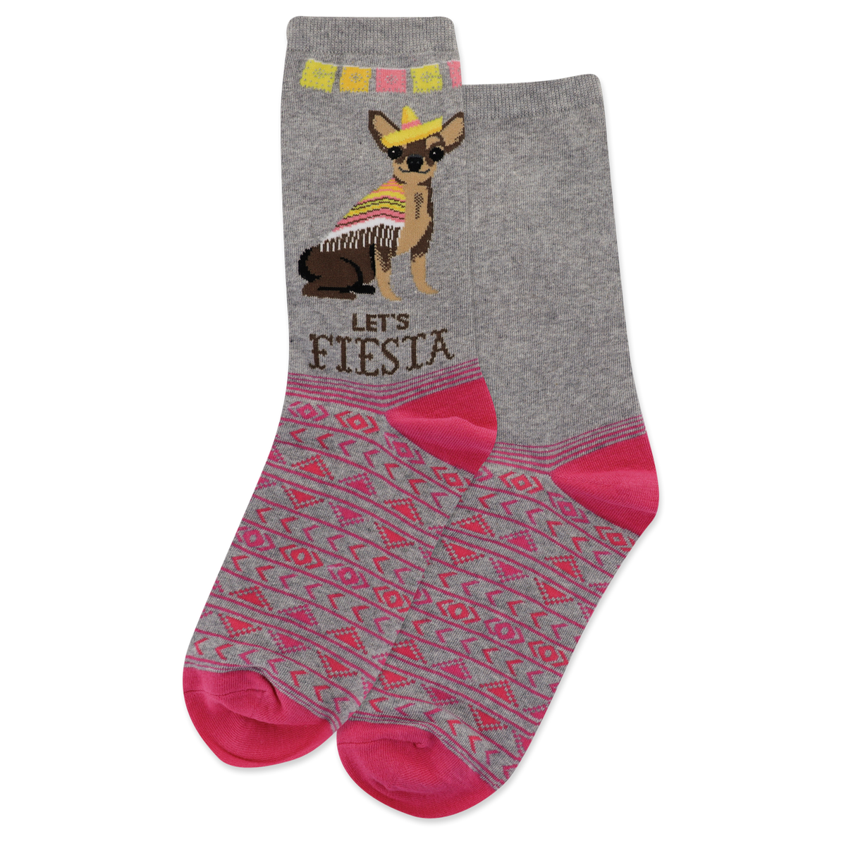 A pair of blue crew socks with a festive design featuring a chihuahua wearing a sombrero and the text 'LET'S FIESTA' on the cuff.