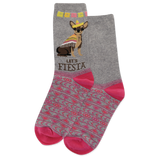 A pair of blue crew socks with a festive design featuring a chihuahua wearing a sombrero and the text 'LET'S FIESTA' on the cuff. thumbnail