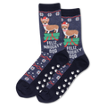 Pair of socks with festive design featuring dogs and text on a white background