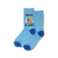 Blue socks with a graphic and text on a white background