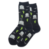 Black socks with Halloween-themed designs on a white background