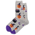 Gray socks with Halloween-themed designs on a white background