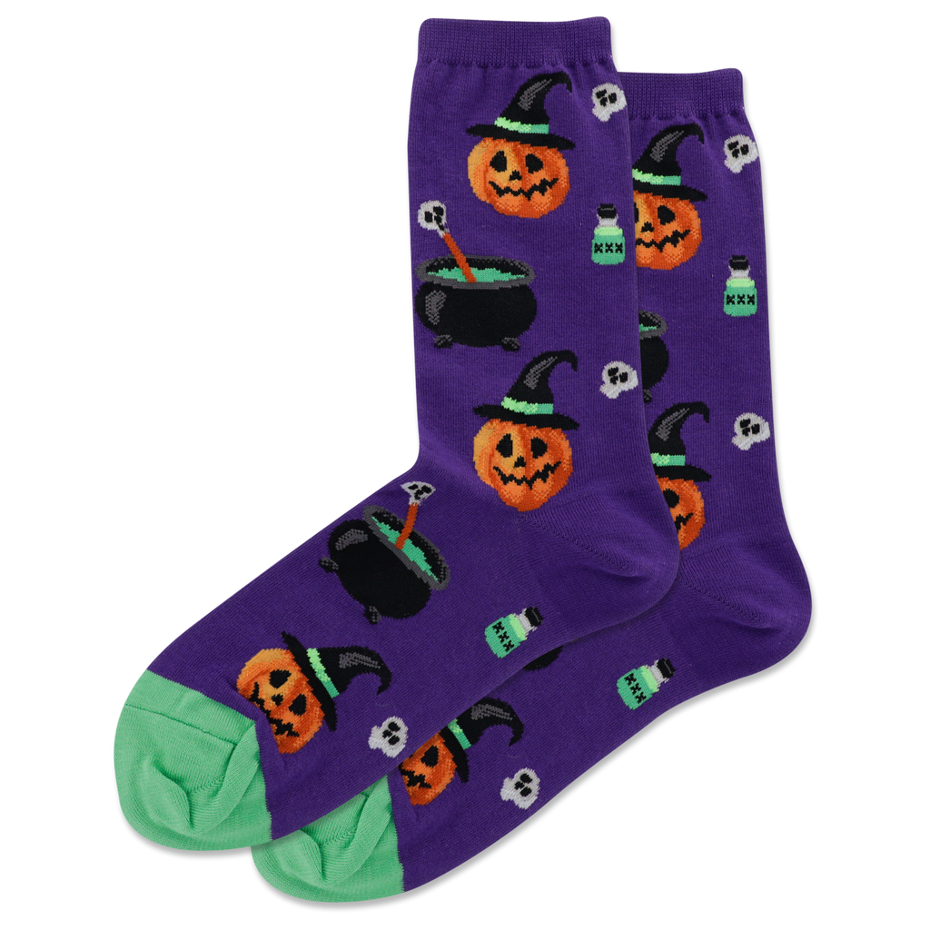 Purple Halloween-themed socks with pumpkins, cauldrons, and bottles on a white background