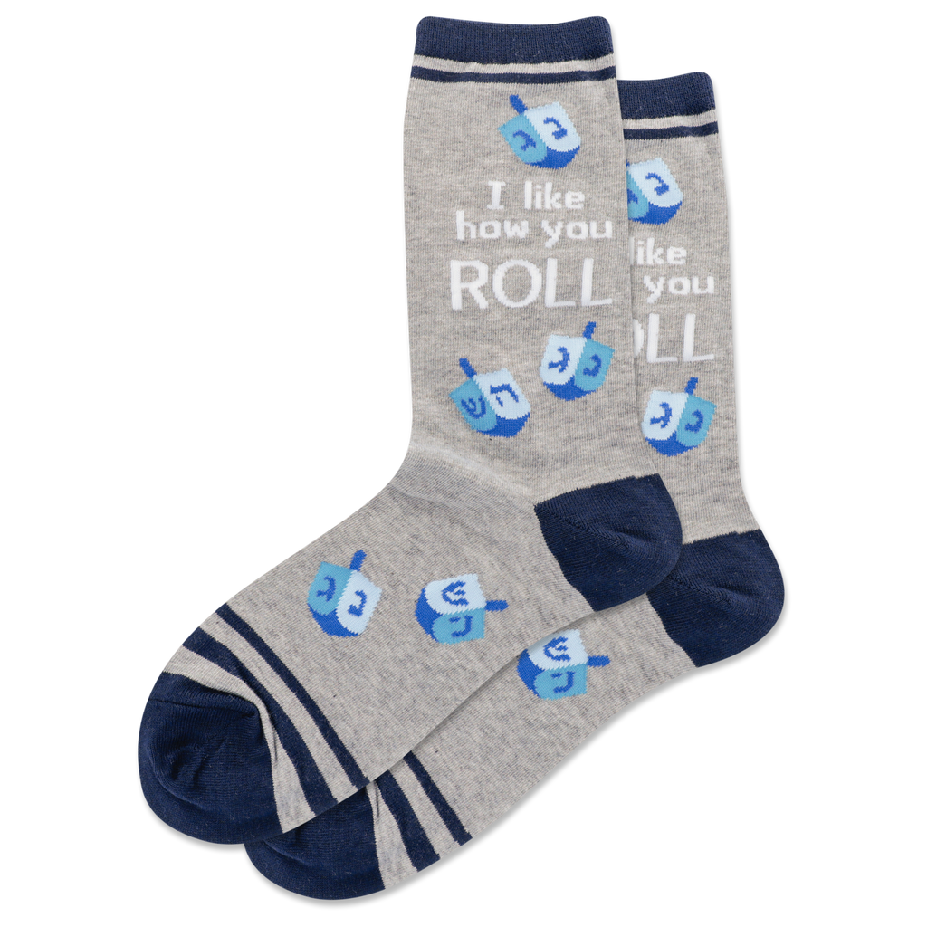 Gray socks with blue accents and Hanukkah-themed designs on a white background