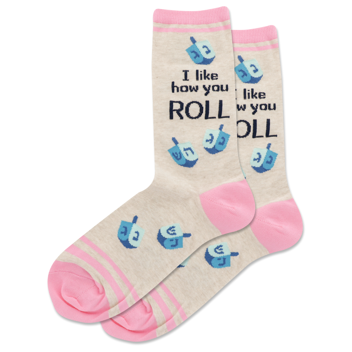 Beige socks with pink accents and blue dreidel designs, featuring text on a white background.
